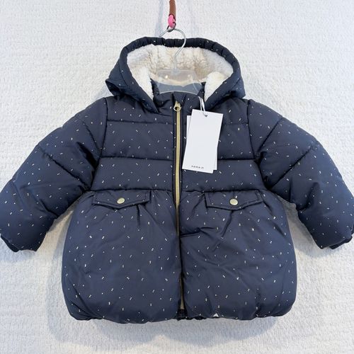 name it Hooded Sherpa Lined Puffer Jacket Full Zip Navy/Gold Polka Dot 9-12M — image 2