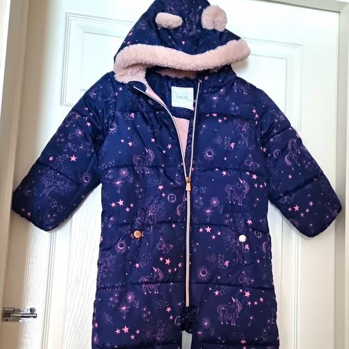 NEXT Girls Navy/Pink Unicorn Quilted Hooded Zip Snowsuit 2-3 Years — image 1