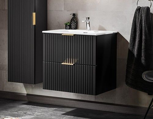 Bathroom Vanity Unit Sink Basin 600mm Fluted Ribbed Black Modern Wall Hung Adel