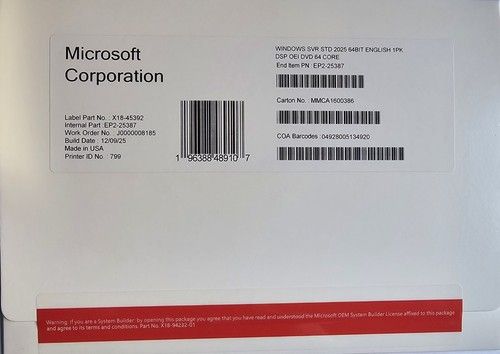 Microsoft Windows Server 2025 Standard 64 Core DVD & License Key (NEW & SEALED)