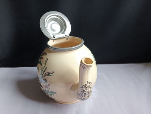 Antique Teapot Pottery + Pewter Lid Bird Robin Butterflies Insects Transferware — image 11