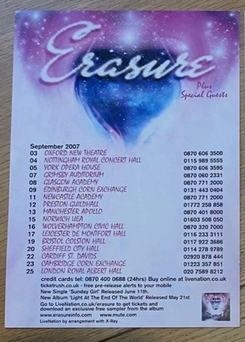 Erasure Promotional Tour Flyer Handbill Double Sided A5 Size Mute Rare!