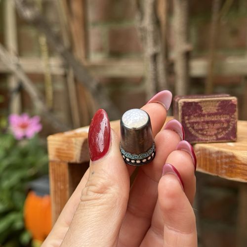 Antique Norwegian Sterling Silver Thimble Enamel & Moonstone DavidAndersen — image 4