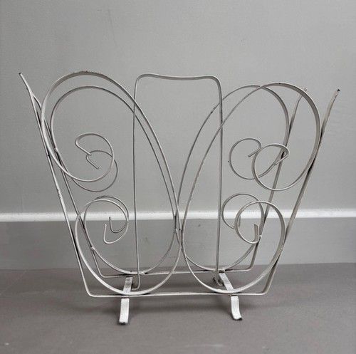 Vintage Cream Wrought Iron Magazine Rack, Rustic Metal Book Stand