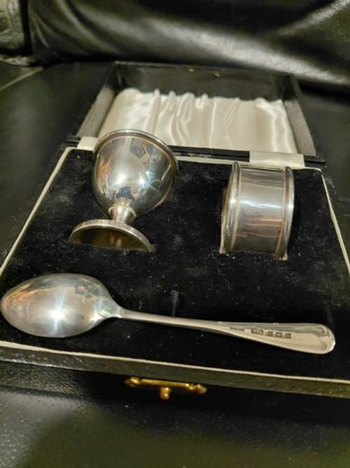 Sterling Silver Eggcup Set Spoon Napkin Ring Birmingham 1957
