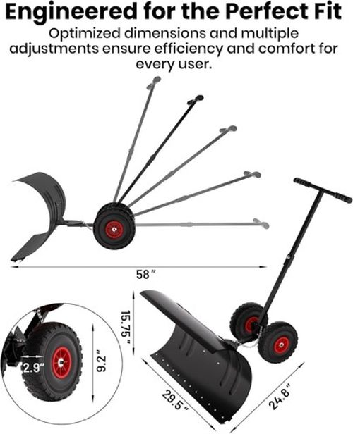 Snow Shovel with Wheel 29 in Durable Metal Snow Removal Pusher for Driveway