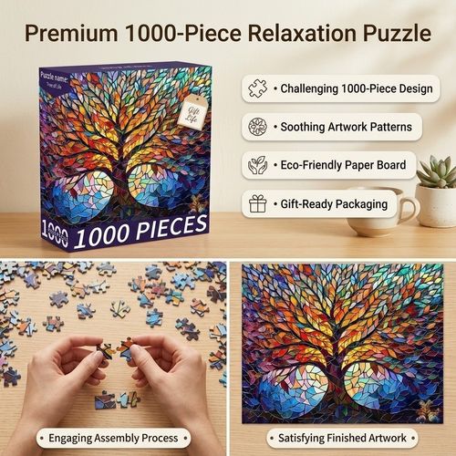 1000 Pieces Stained Glass Jigsaw Puzzle, Beautiful Tree of Life Art Puzzles — image 4