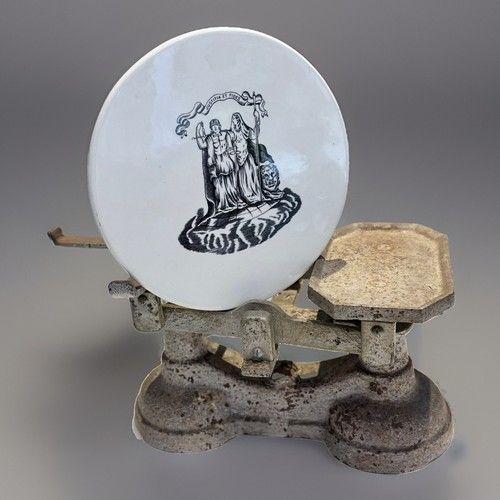 Antique Victorian Cast Iron Balance Scales Justitia Et Fides China Plate c1900