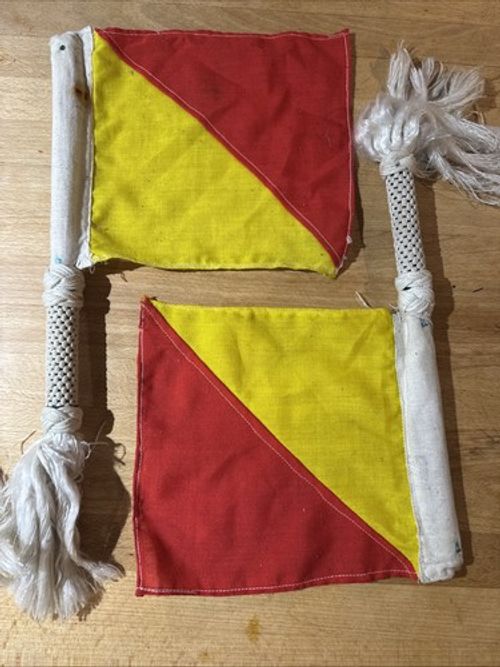 Vintage Maritime Semaphore Signal Flags Pair Handheld Oscar O Cotton Ropework
