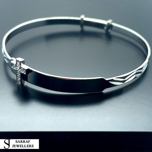 Personalized 925 Sterling Silver Christening Baby Bangle D/C Cz Cross Engravable — image 9