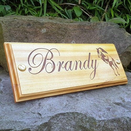 Horse Stable Name Plate Wooden Door Plaque - Edwardian Font - Jumping Horse Logo