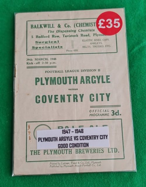 Plymouth Argyle V Coventry City Football Programme VGC Div Two 1947/48 Home Park
