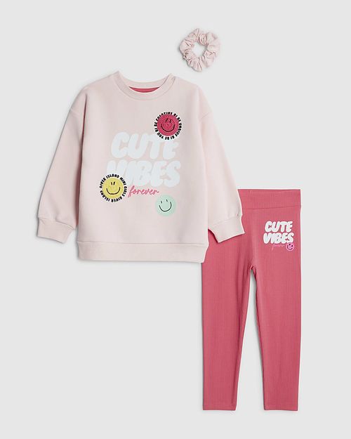 River Island Mini Girls Sweatshirt & Leggings Set Pink Cute Vibes 3 Piece — image 1