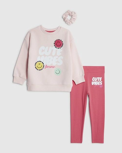 River Island Mini Girls Sweatshirt & Leggings Set Pink Cute Vibes 3 Piece