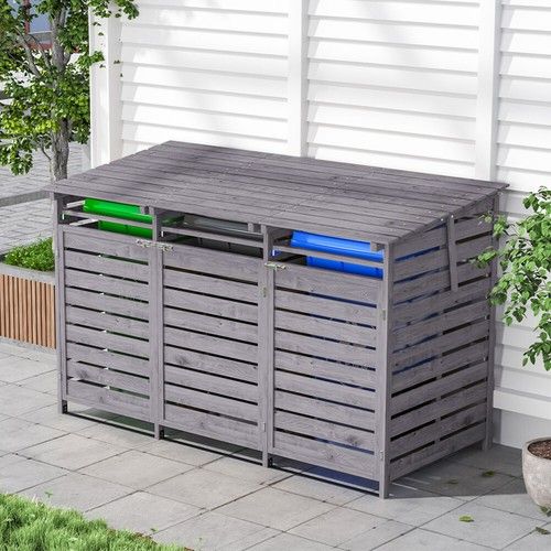 Large Triple Wheelie Bin Storage Wooden Store Cover Garden Rubbish Dustbin Shed