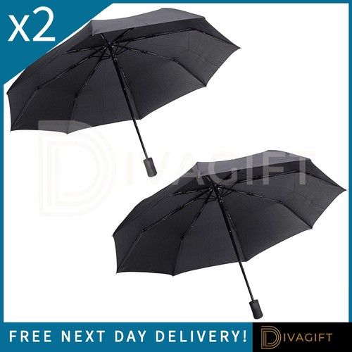 2 x BLACK UMBRELLA 8 RIB STRONG WINDPROOF OPEN CLOSE FOLDING COMPACT TRAVEL NEW