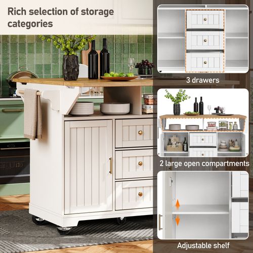 Kitchen Island on Wheels Rolling Storage Trolley with Extendable Worktop, White — image 6