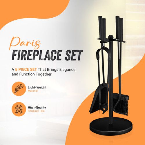Black Fireside 5pc Companion Set Cast Iron Fireplace Tools Poker Tong Brush-UK