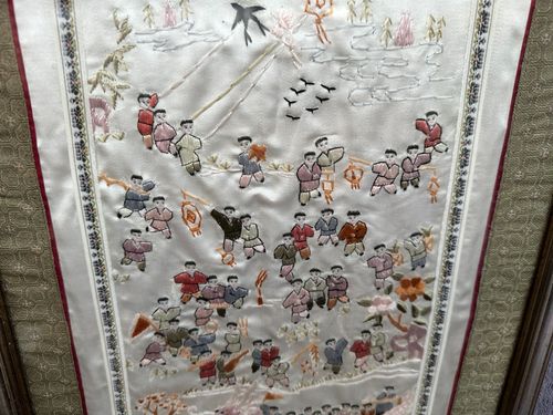 Large Framed Chinese Silk Boys Embroidery Needlework Tapestry Textile Wall Panel — image 4