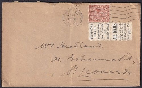 GB 1930 KGV Advert-Label on cover (ex bkl. pane) - Telephone Service / Air Mails
