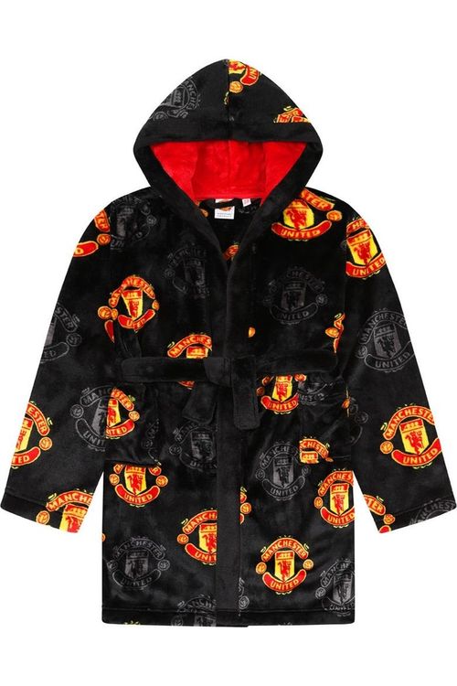 Boys Manchester United FC Official Dressing Gown Fleece Hooded Kids Robe Black — image 3