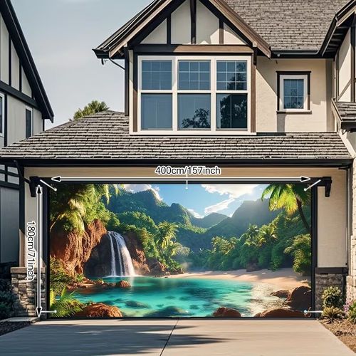 Summer forest waterfall garage door banner fabric outdoor party background XS — image 1