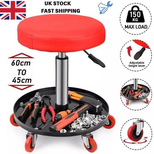 Heavy Duty Creeper Stool Adjustable Height 45-60cm Swivel Rolling Garage Seat