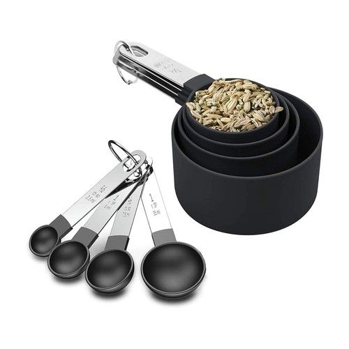 8-Piece Black Measuring Cups & Spoons Set Stainless Steel Handles Baking Cooking