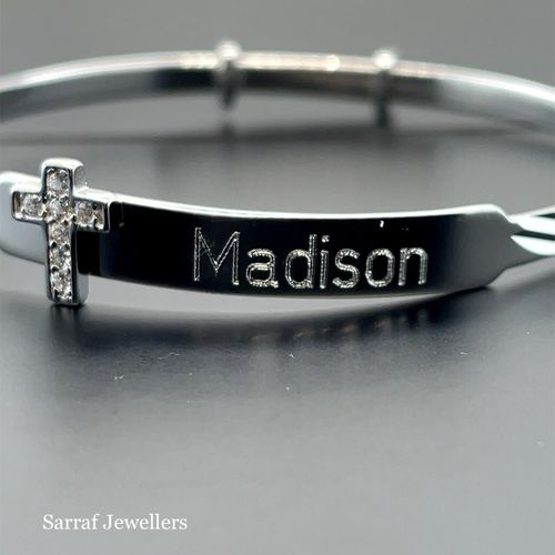 Personalized 925 Sterling Silver Christening Baby Bangle D/C Cz Cross Engravable — image 20