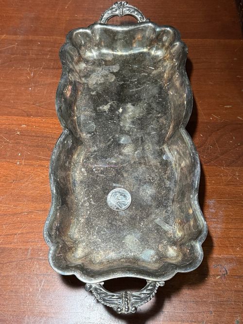 Silverplate Silver on Copper Ornate Serving Tray w/ Handles Scalloped Feet — image 8