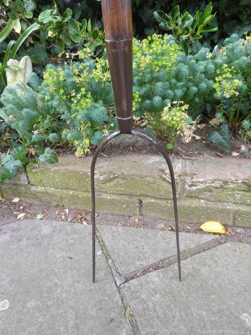 Vintage Pitch Fork - hay fork - 2 Prong Old Farm Tool. Long wooden handle. — image 11