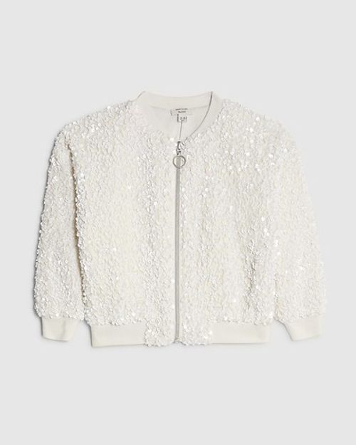 River Island Mini Girls Bomber Jacket White Sequin Zip Crew Neck Outerwear Top