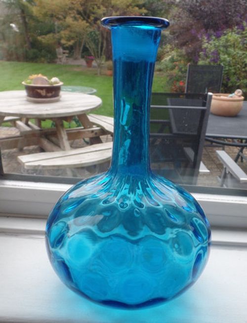 VINTAGE EMPOLI ITALY GLASS BLUE DIMPLE GENIE BOTTLE 23 CMS TALL