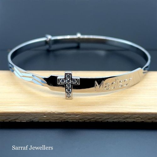 Personalized 925 Sterling Silver Christening Baby Bangle D/C Cz Cross Engravable — image 4