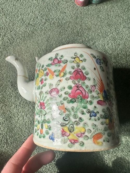 Antique Chinese Famille Rose Porcelain Hand-Painted Floral & Bird Teapot