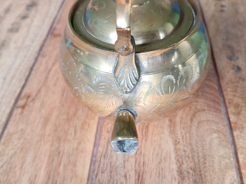 Brass Decorative Ornament Kettle Tea Pot With Hinged Handle & Ring Shaped Stand — image 12