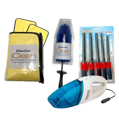 Car cleaning Detailing Bundle 3x 800GSM Cloths 5x Brushes 1x Vacuum &Wheel Brush