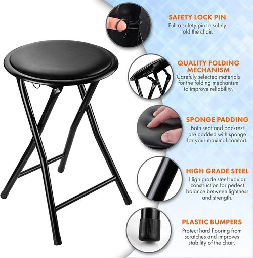 BLACK FOLDING STOOL ROUND FOLDABLE METAL FOR SPACE SAVING STOOLS PADDED SEAT NEW — image 3