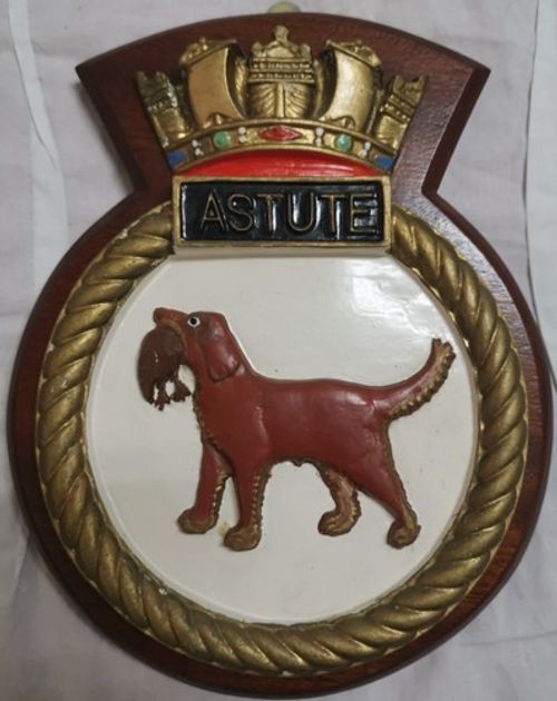 HMS Astute Ship Crest Plaque–Hand-Painted, Solid Mahogany Mount, 915g Royal Navy