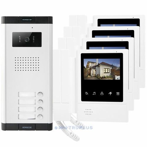 4.3'' 4-Apartments Video Communal Entry Intercom with Lock Release & HD Camera 