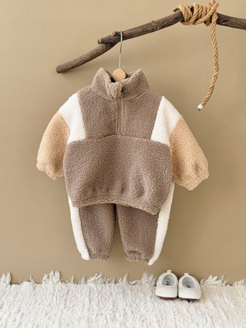 Winter Boys and Girls Color-block Thickened Lamb Velvet Suit Two-piece Outfit