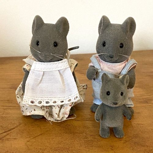 Vintage Sylvanian Families Thistlethorn Grey Mouse Family 3 Figures Mother Baby