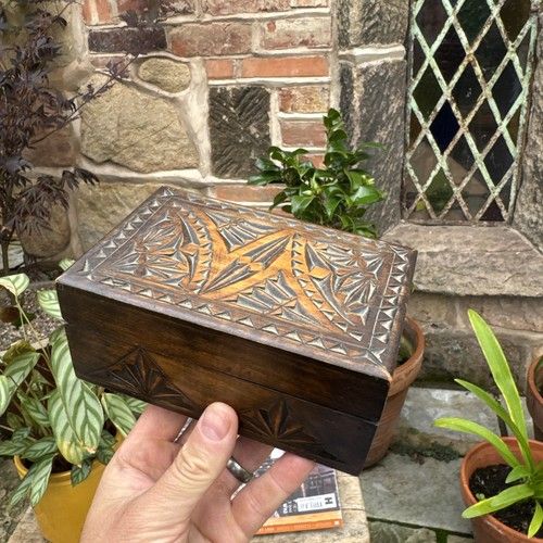 Vintage Wooden Box Trinkets Stationery Jewellery Rustic Storage Carved Chest