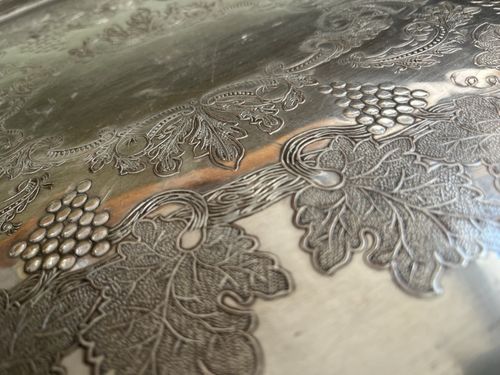 Leonard Silver Plate Oval Serving Tray with Handles, Grape Pattern — image 2