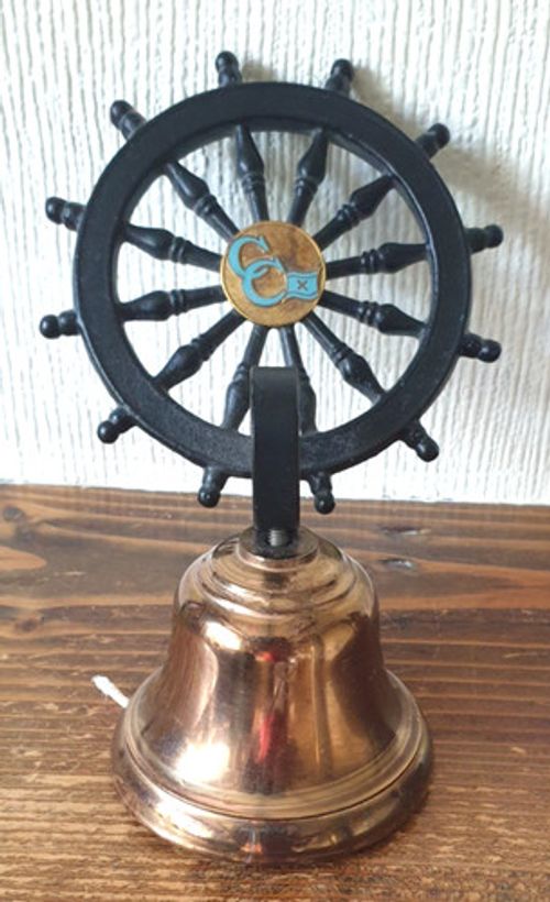 Vintage Maritime Decorative Wall Mounted Black Cast Metal Ships Wheel Bell.