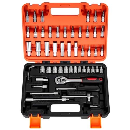 53Pcs Metric 1/4" Drive Socket Kit Ratchet Wrench Screwdriver Bit Sets with Case