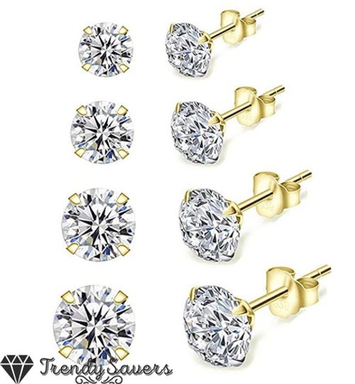 100% SOLID 925 Sterling Silver Round-Cut Solitaire Cubic Zirconia Stud Earrings