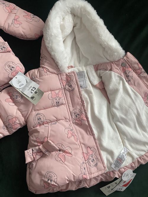 2 x George Disney Baby Minnie Mouse Pink Hooded Padded Puffer Jacket 0-3 Months — image 5