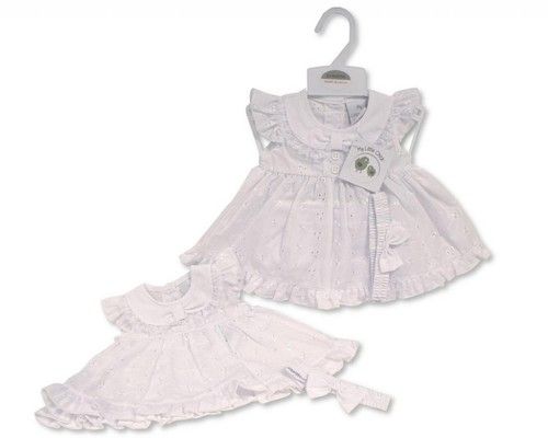Baby Girls Dress Frilly Lace Buttons Broderie Anglaise White NB-3-6 Months