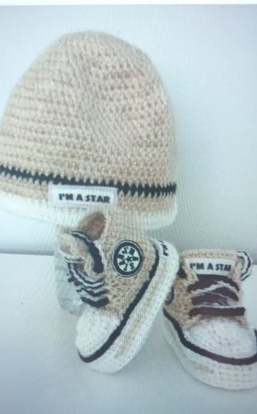 BABY CROCHET SHOES And HAT YOUR BABY'S NAME HANDMADE TRAINERS SNEAKERS BEIGE